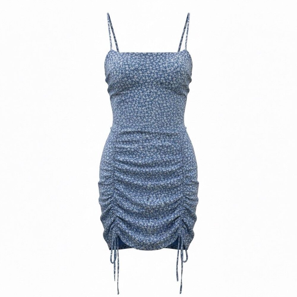 Garage Blue White Floral Ruched Mini Bodycon Dress adjustable Spaghetti Strap  M
